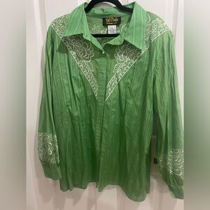 Bob Mackie wearable art NWT 100% cotton 2X embroidered green button front top